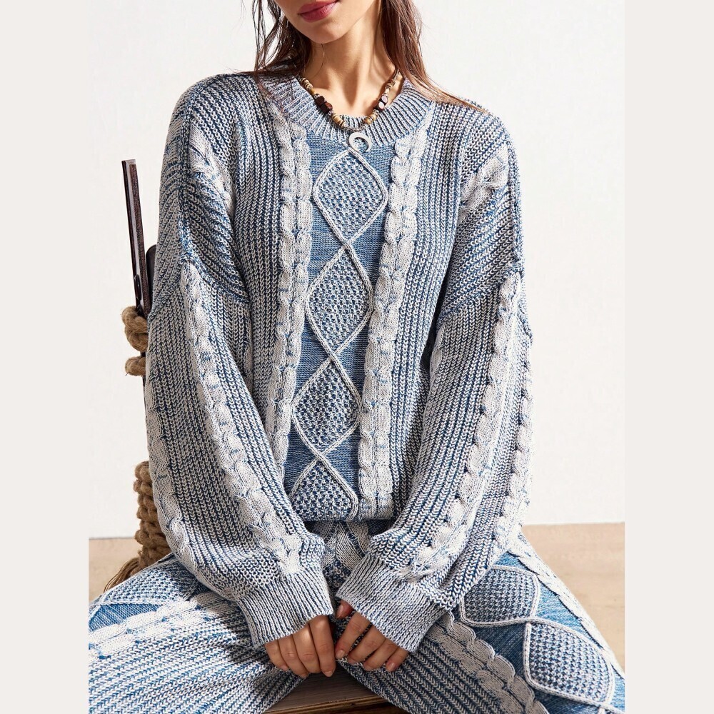 Blue & Gray Marled Cable Knit Oversized Sweater